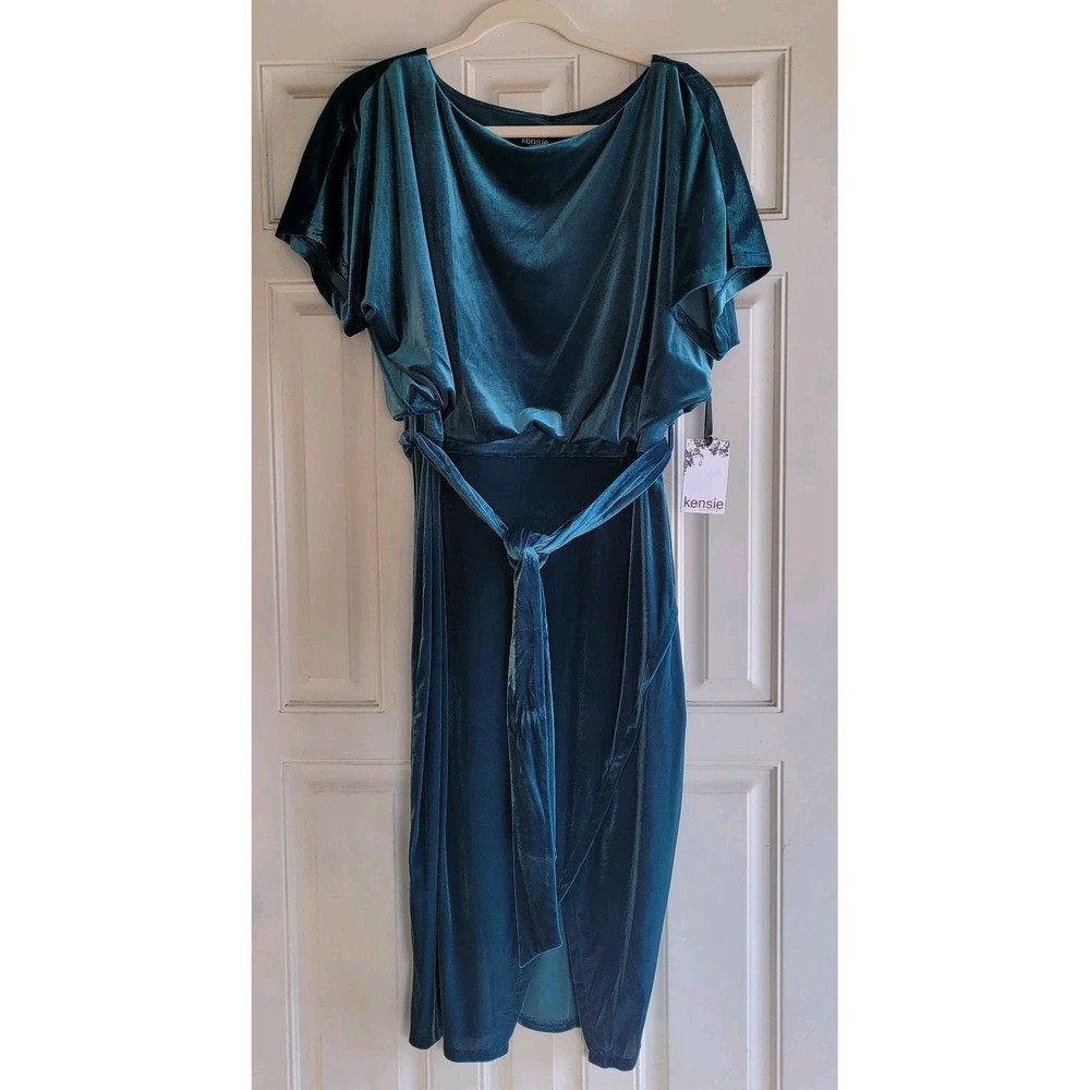 Kensie Velvet Midi Dress Tie Waist Side Slit, Women's Size L, Teal Blue Green